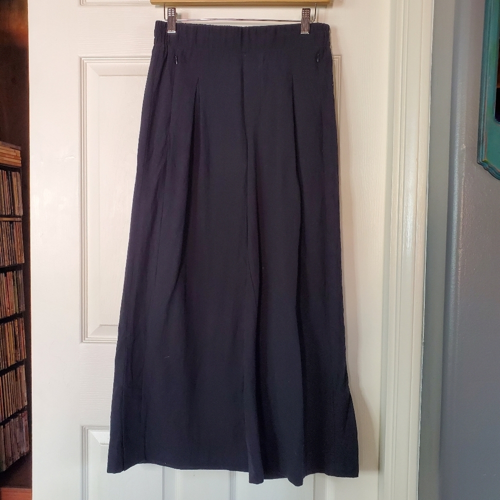 Black Wide-leg Pants With Zip Pockets And Leg Slits Pleated Elastic Waist Small